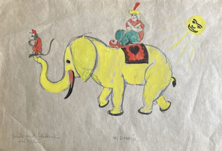 SCHMID Wilhelm Wilhelm Schmid, Elefante con scimmie, Matita grassa, 20 x 29 cm